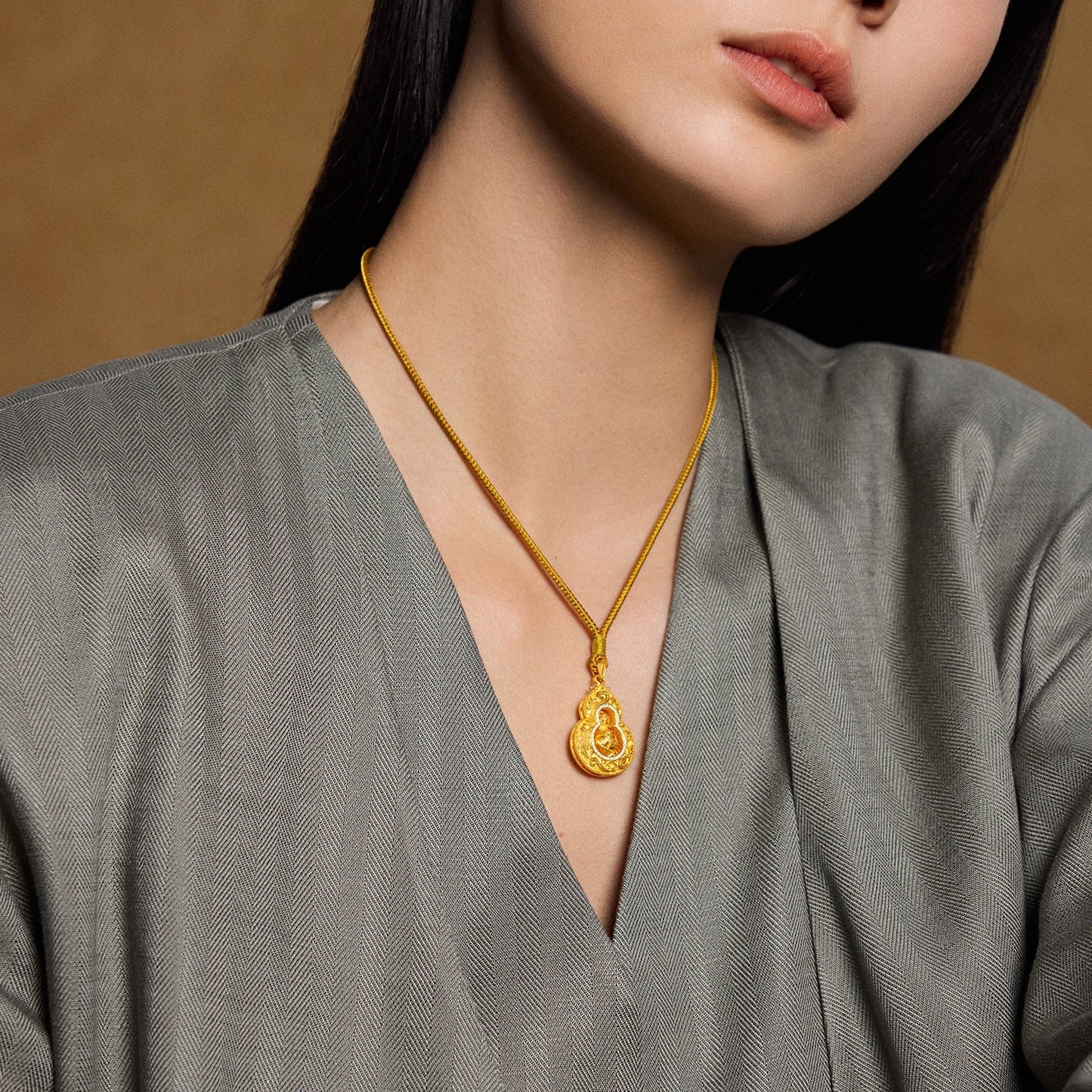 "Chinese Culture Collection - Woven Bamboo" 24K Gold Pendant Necklace Diamond Gourd 13.15-15.15g W0423504
