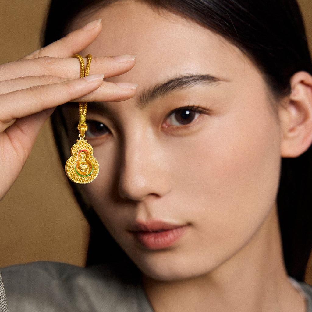 「中國文化系列 - 竹編」 24K金吊墜項鍊 鑽石葫蘆 13.15-15.15克 W0423504