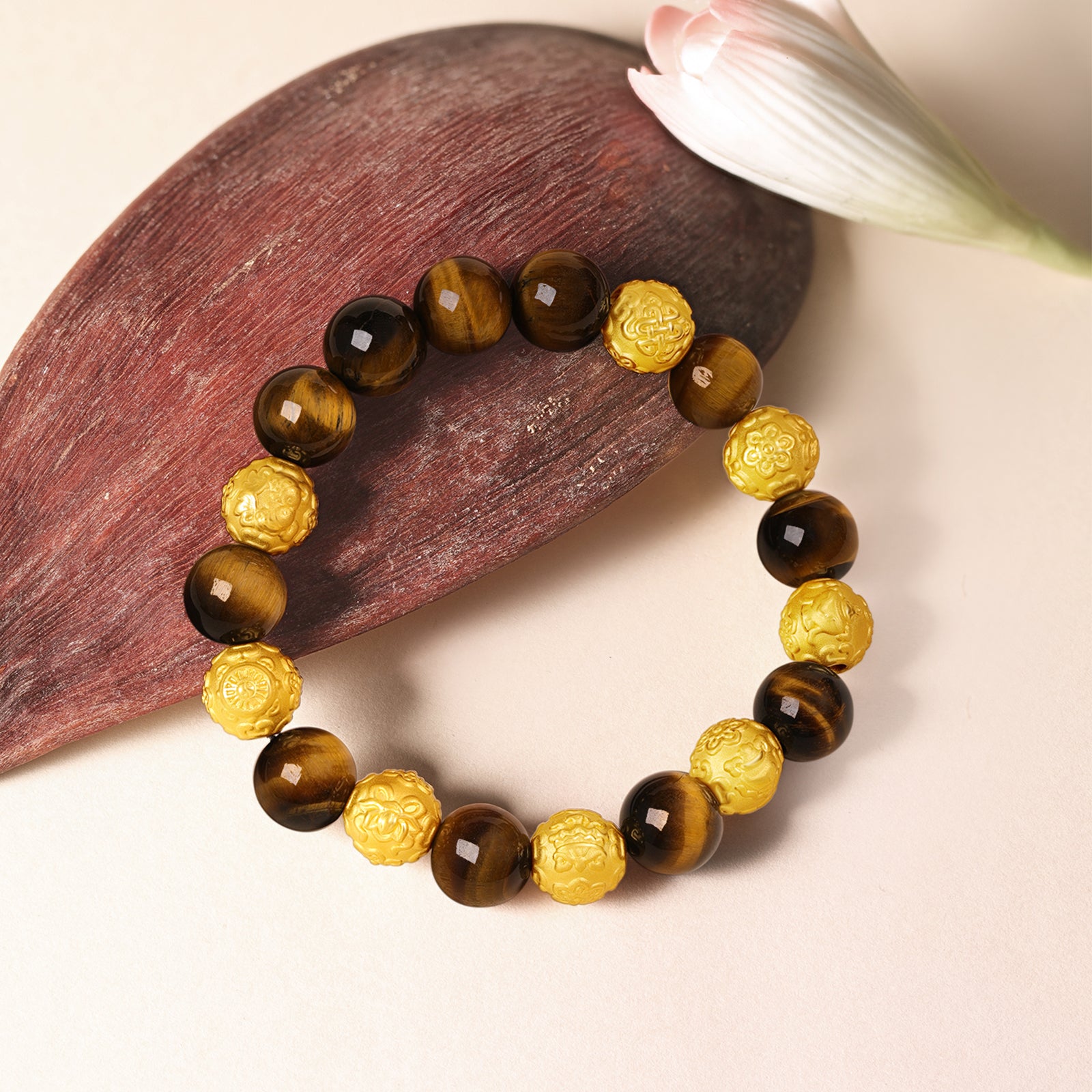 九華山 24K 金串珠手鍊 虎眼石珠 手印 A1914658
