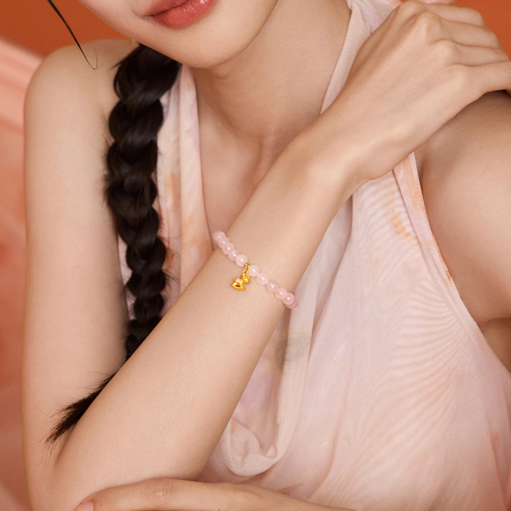 'Year of the Horse'  24K Gold Beaded Bracelet Rose Quartz Horse 0.5-0.8g 17cm A1915743