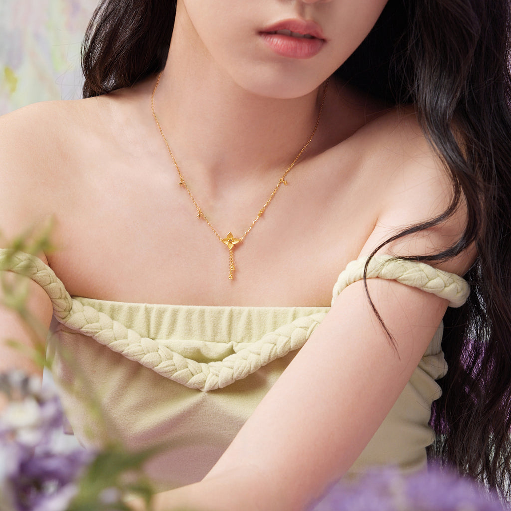 "Fantasy Forest" 999 24K Gold Pendant Necklace Clover 4.4-4.7g A0613827