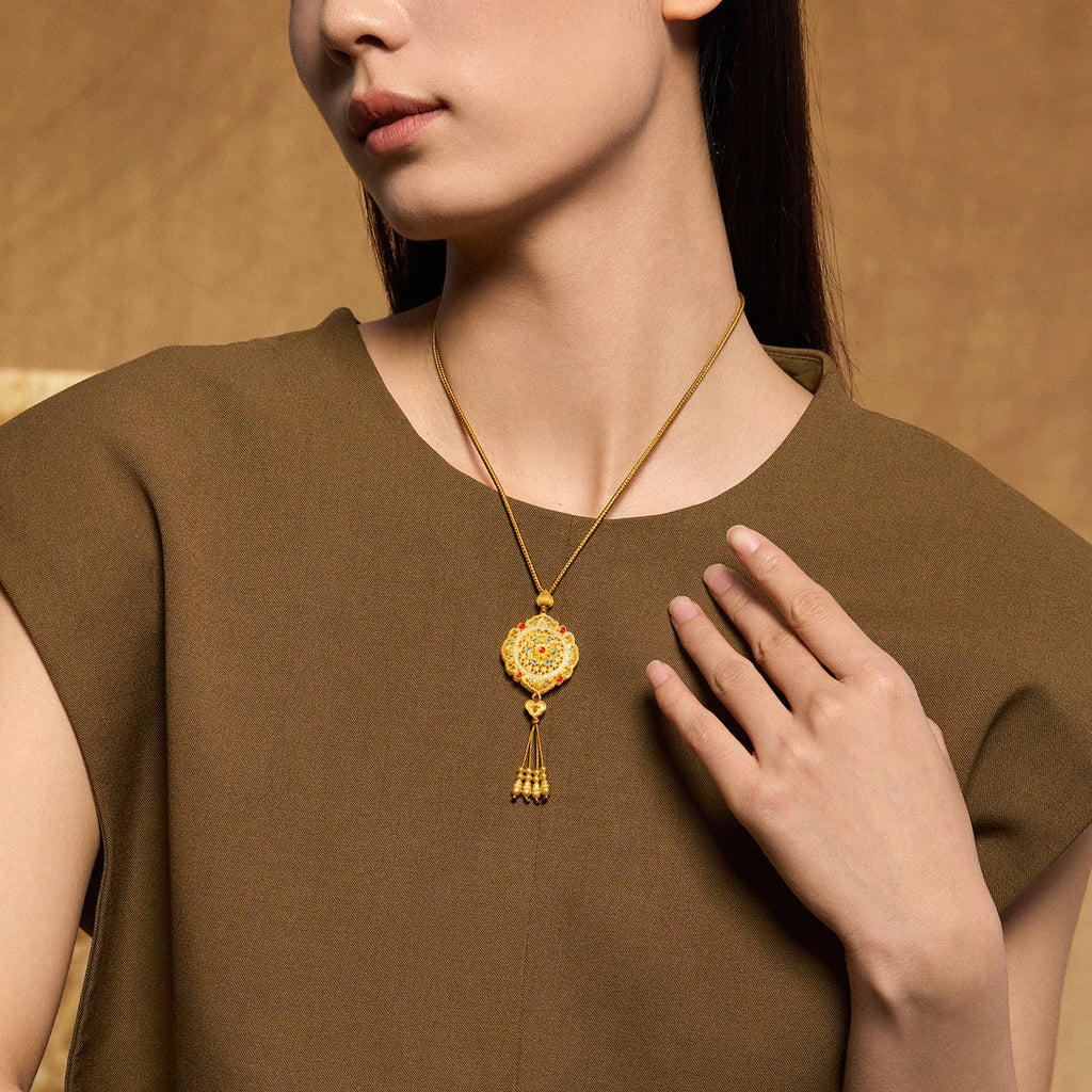 "Chinese Culture Collection - Woven Bamboo" 24K Gold Pendant Necklace Diamond Flora 18.96-20.96g W0423496