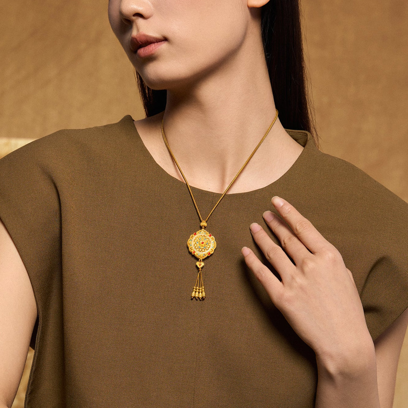 "Chinese Culture Collection - Woven Bamboo" 24K Gold Pendant Necklace Diamond Flora 18.96-20.96g W0423496