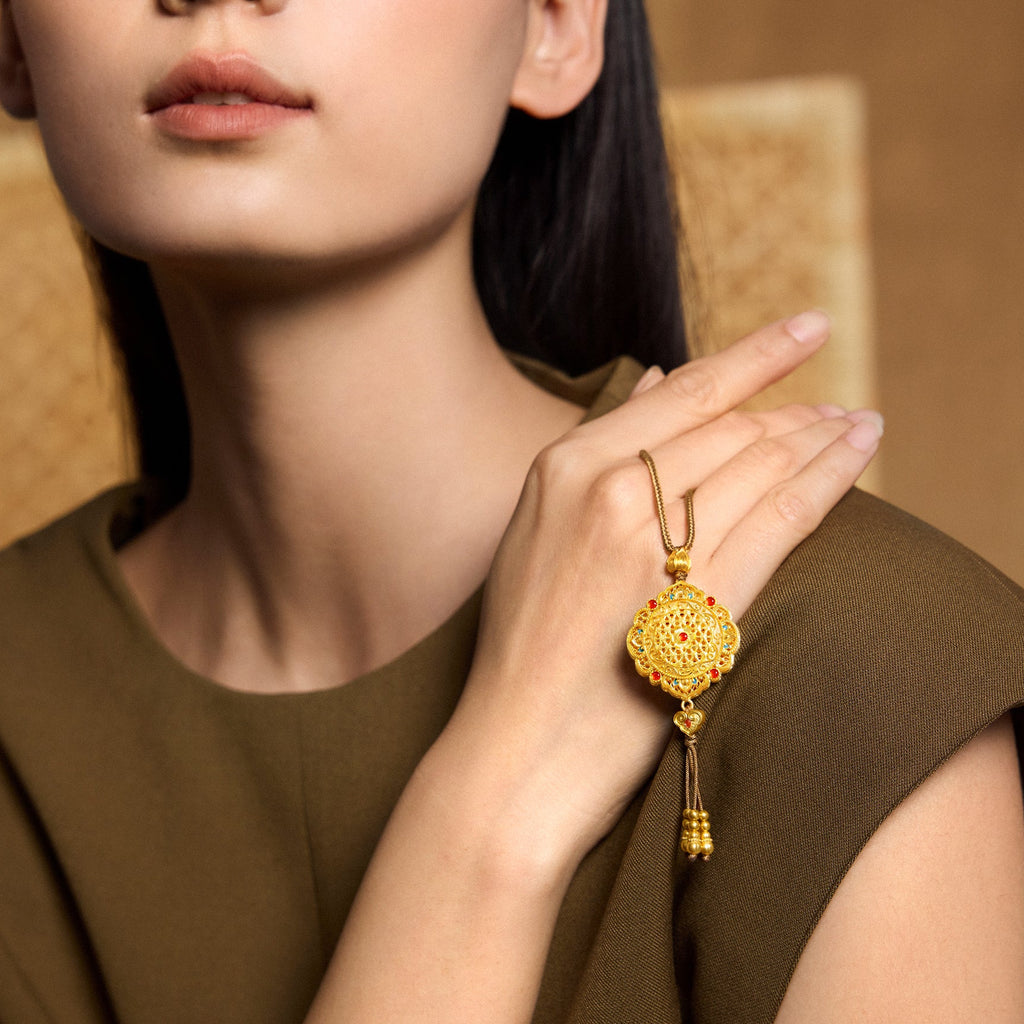 "Chinese Culture Collection - Woven Bamboo" 24K Gold Pendant Necklace Diamond Flora 18.96-20.96g W0423496