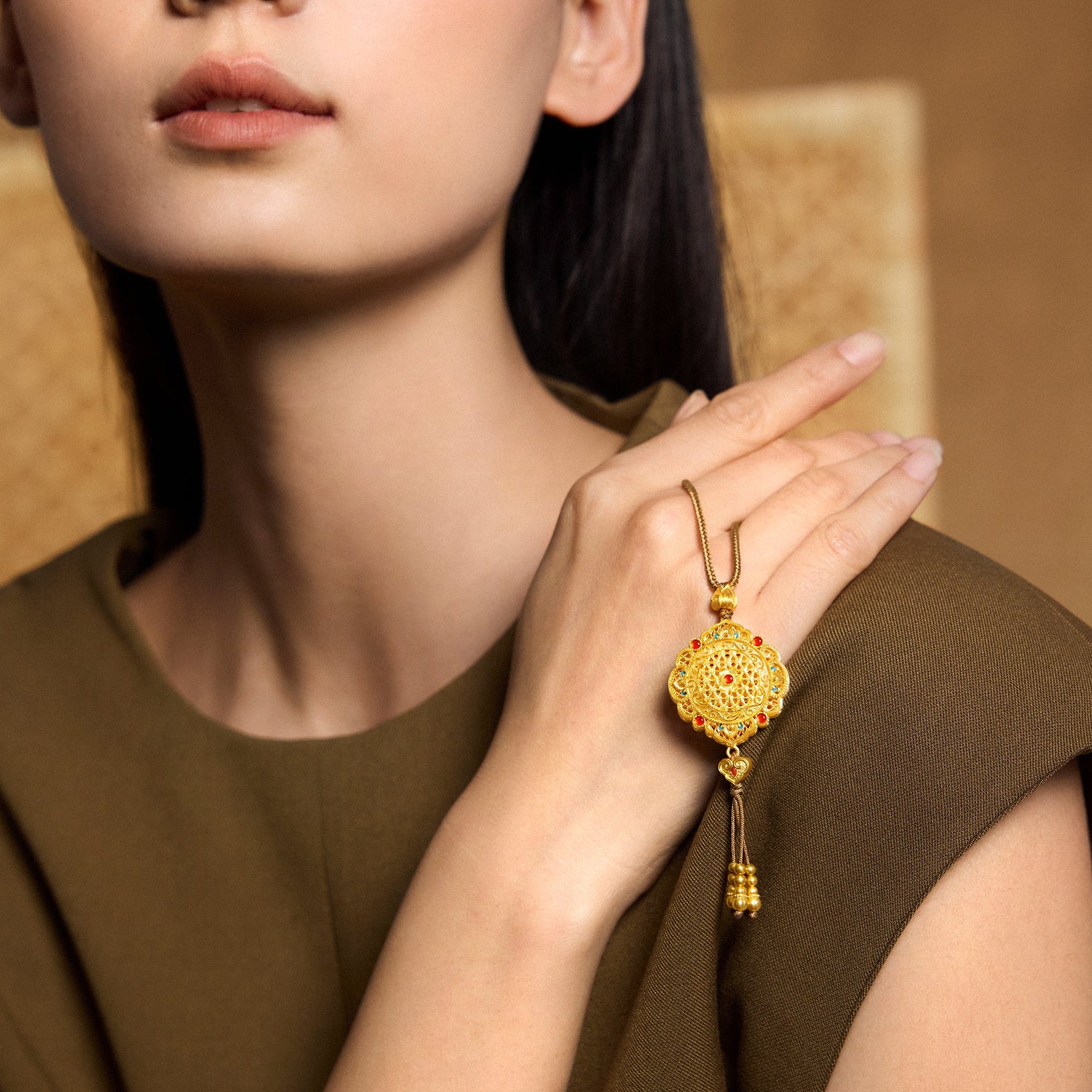 "Chinese Culture Collection - Woven Bamboo" 24K Gold Pendant Necklace Diamond Flora 18.96-20.96g W0423496