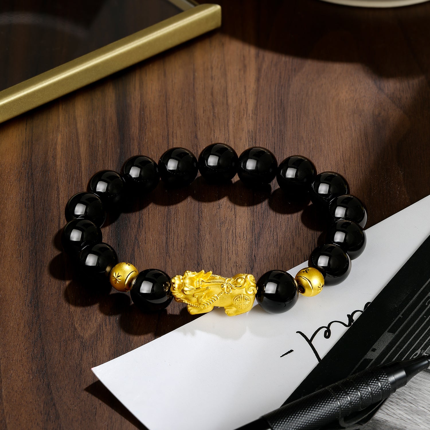 24K Gold Beaded Bracelet Agate Pixiu 3-3.4g ADMN19583