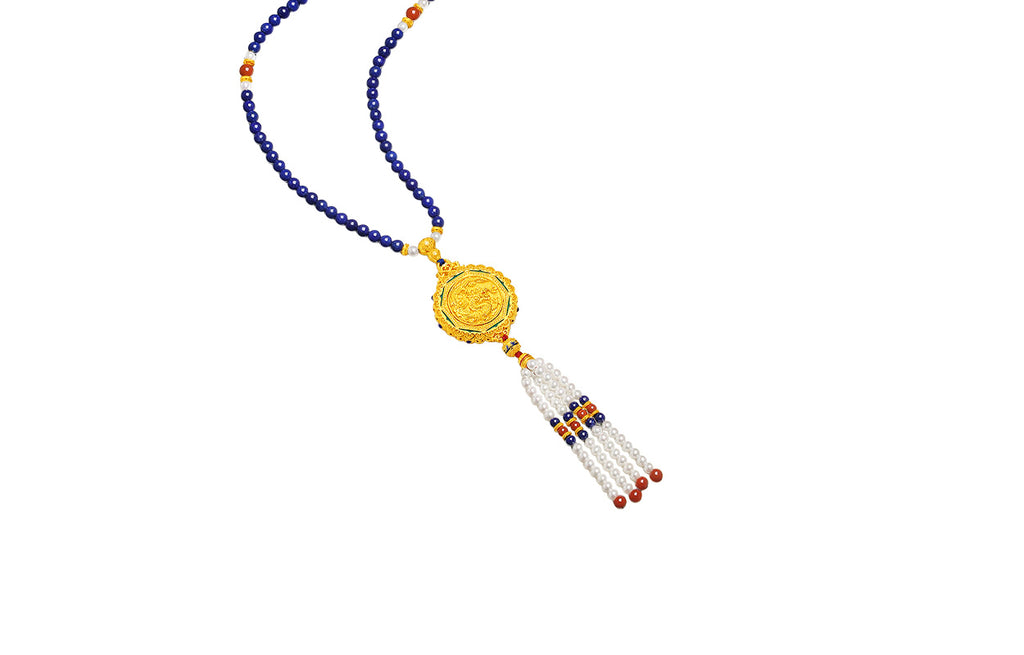 "Chinese Culture Collection - Dan Qing" 24K Gold Pendant Necklace Lapis Lazuli 3-5.5mm Diamond 0.05ct 4-10mm Dragons & Phoenixes 58-66g J0636332