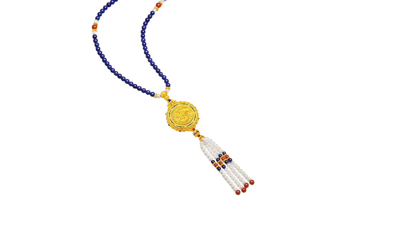 "Chinese Culture Collection - Dan Qing" 24K Gold Pendant Necklace Lapis Lazuli 3-5.5mm Diamond 0.05ct 4-10mm Dragons & Phoenixes 58-66g J0636332