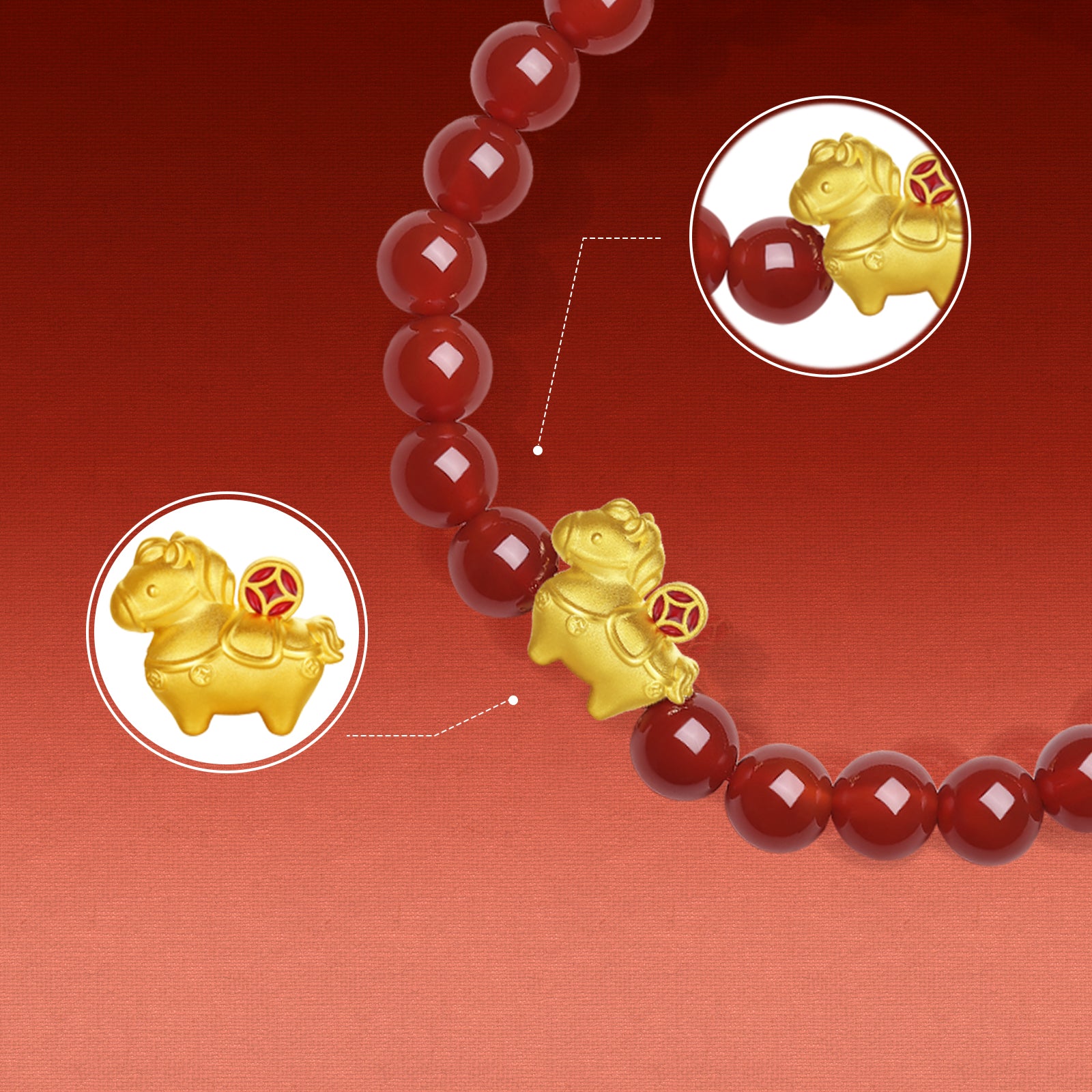 'Year of the Horse' 24K Gold Beaded Bracelet Agate Horse Coin 0.7-1g 17cm A1916283