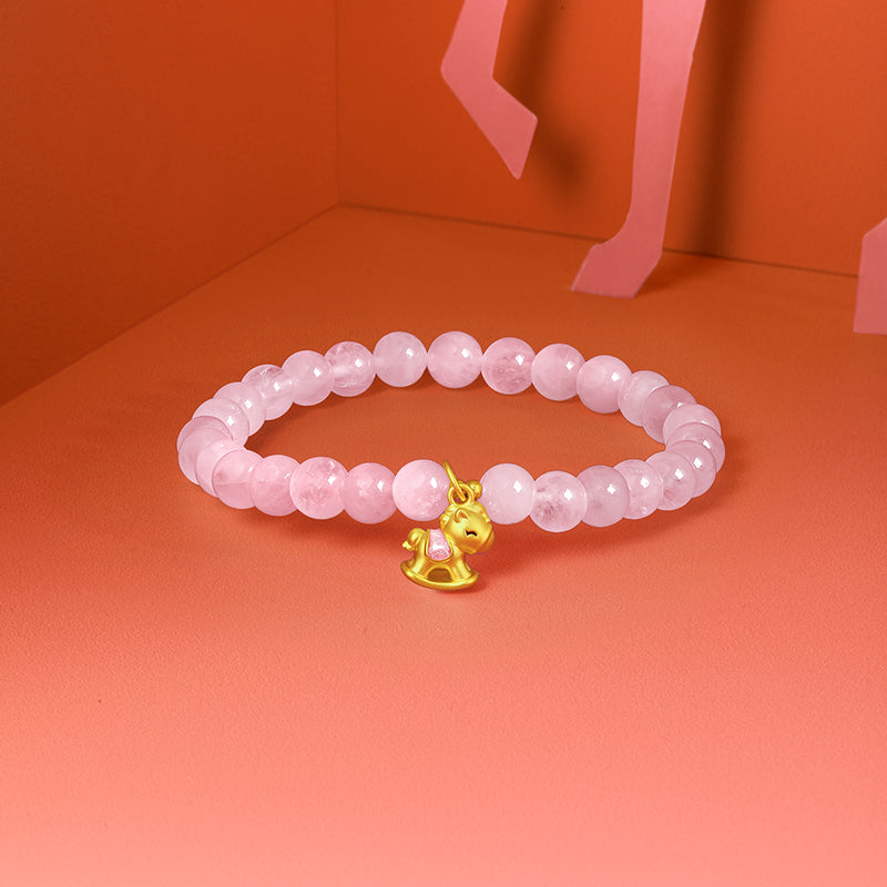 'Year of the Horse'  24K Gold Beaded Bracelet Rose Quartz Horse 0.5-0.8g 17cm A1915743