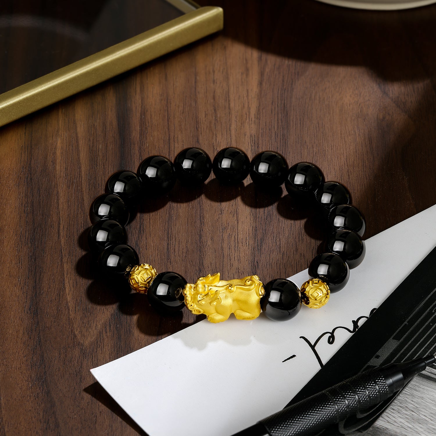 24K Gold Beaded Bracelet Agate Pixiu 3-3.3g ADMN19584
