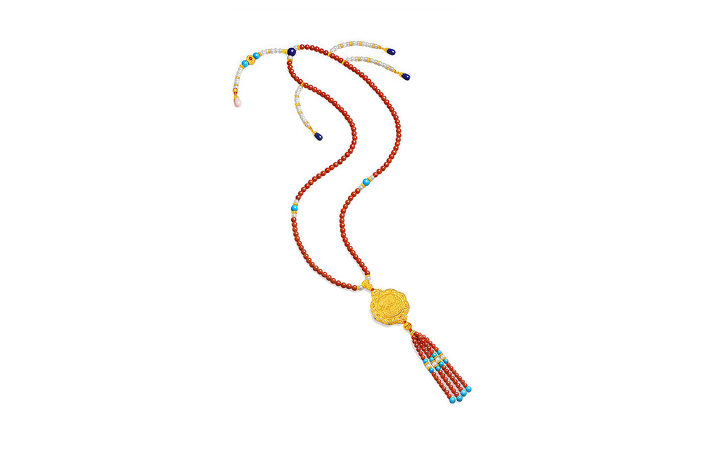 "Chinese Culture Collection - Dan Qing" 24K Gold Pendant Necklace Braided Rope Agate 3-5.5mm Diamond 0.05ct 0.0024-0.0045 Dragons & Phoenixes 56-64.5g J0636327