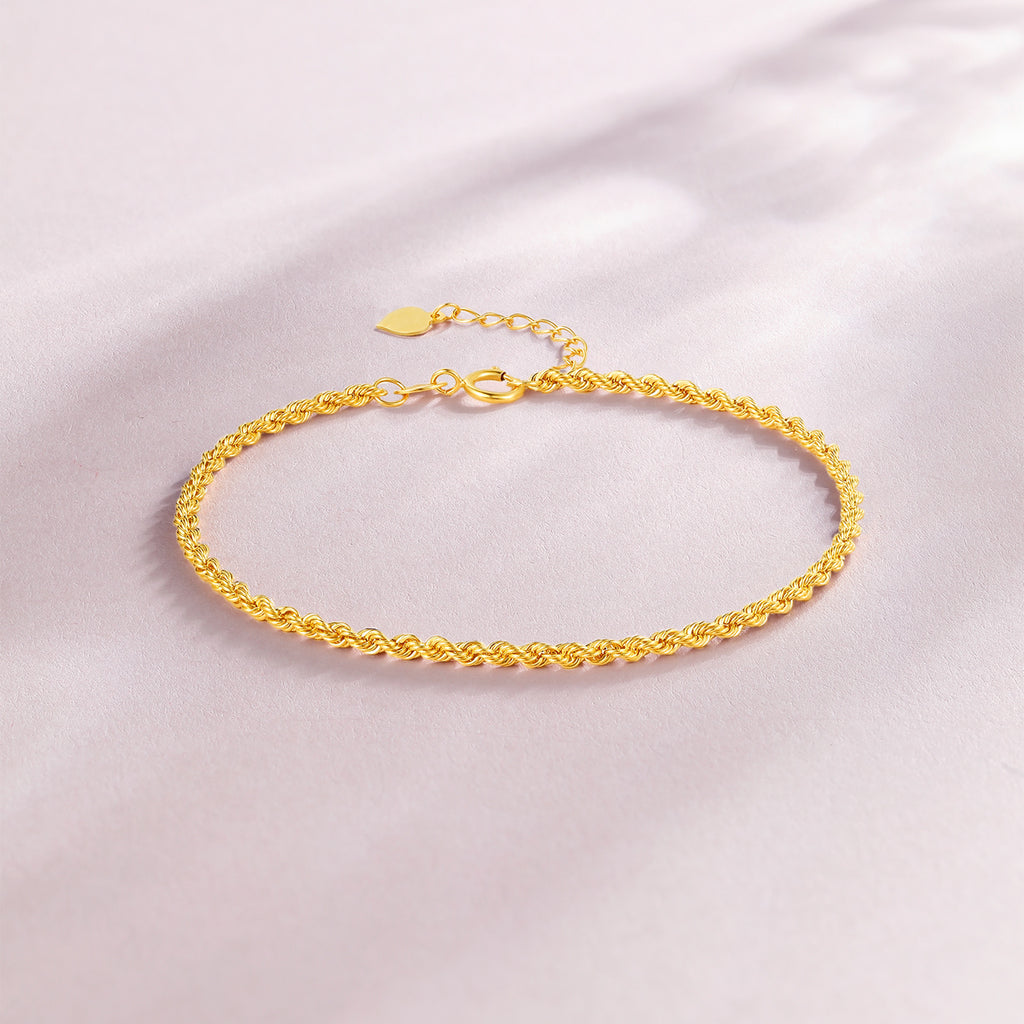 ZHOU LIU FU 18K Solid Gold Rope Chain Diamond Cut Bracelet, 6"-7" Minimalist Italian Jewelry for Women