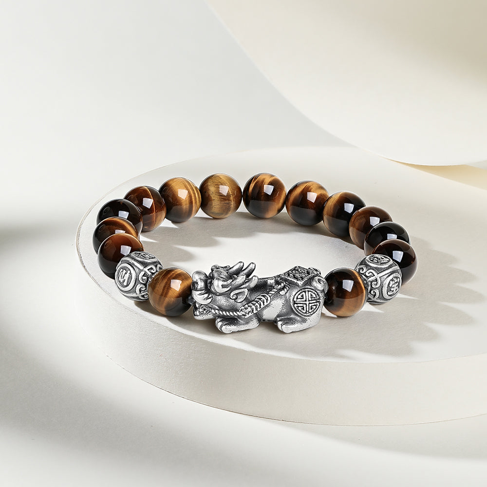 ZHOU LIU FU 925 Sterling Silver Pixiu Charm Bracelet Tiger's Eye Beaded Stretch Bracelet Feng Shui Jewelry Gift for Men 7.9"
