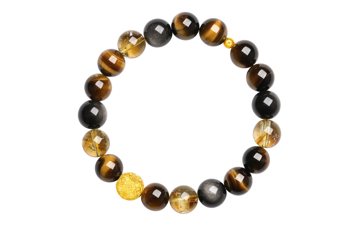 24K Gold Beaded Bracelet Obsidian Citrine Tiger's Eye 0.85-1.05g A1926300