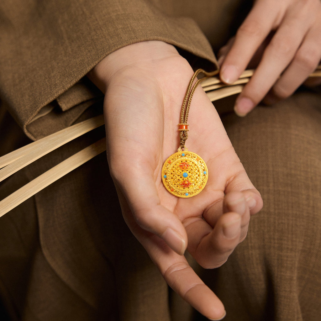 「中國文化系列 - 竹編」 24K金吊墜項鍊 鑽石 0.003克拉 花卉圖案 18.14-20.5克 W0423510