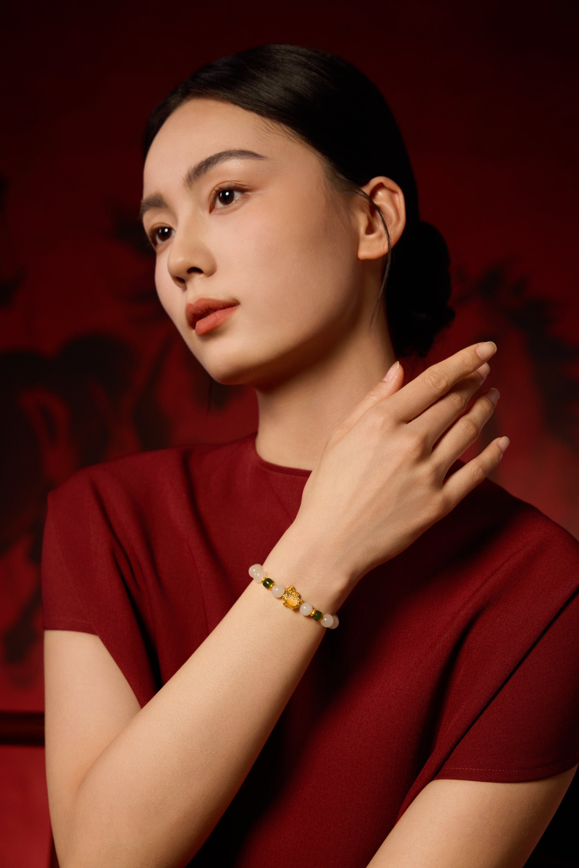 "Chinese Culture Collection - Dan Qing" 24K Gold Beaded Bracelet Hetian Jade 7.8-8.3mm Diamond 0.0026ct 5.8-6.3*2.8-3.3mm Horse 1.1-1.6g Y1937270