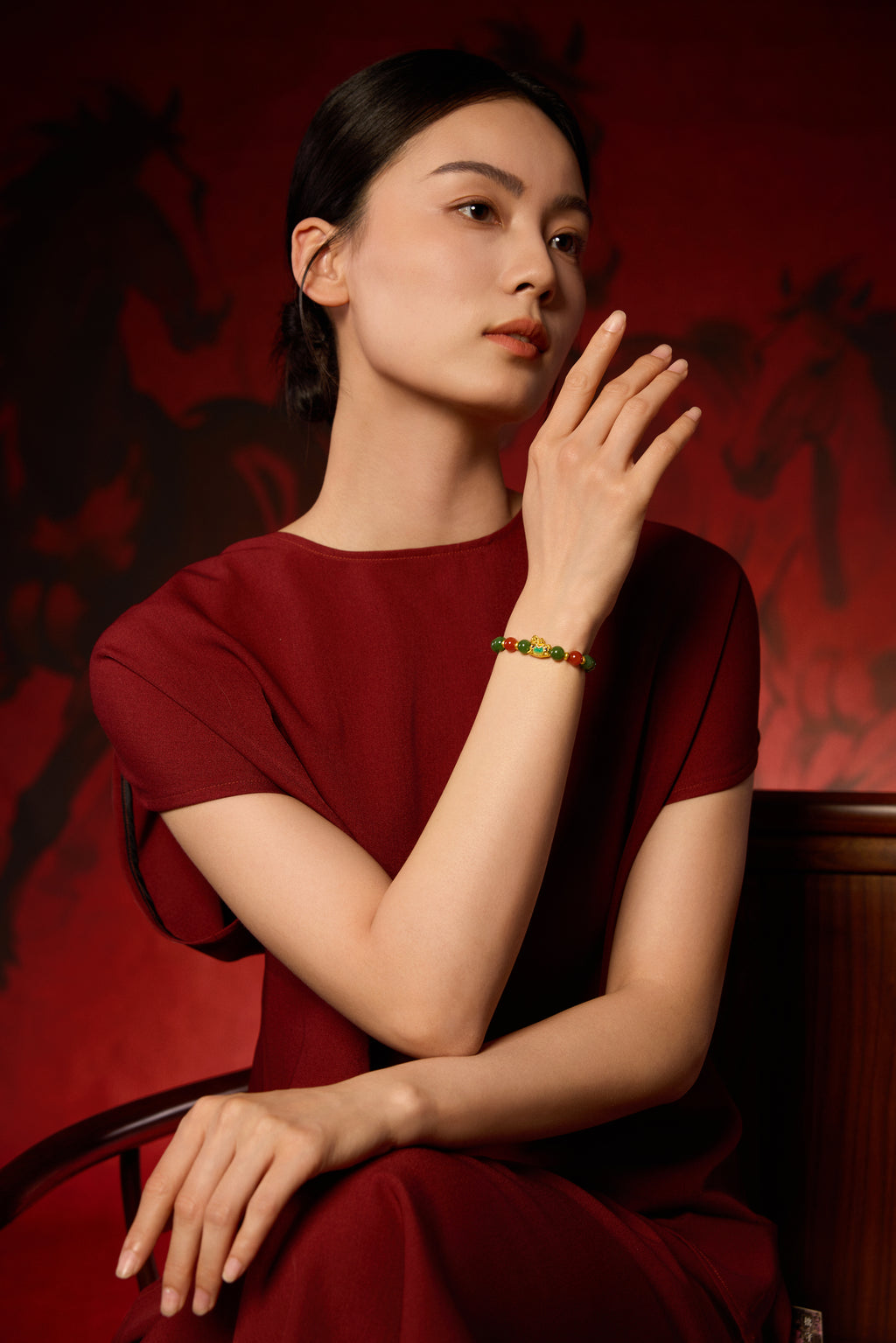 "Chinese Culture Collection - Dan Qing" 24K Gold Beaded Bracelet Hetian Jade 7.8-8.3mm Diamond 0.0025ct Agate 0 Horse 1.1-1.65g Y1937267