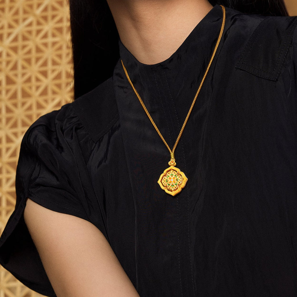 「中國文化系列 - 竹編」 24K金吊墜項鍊 鑽石0.012克拉 鑽石0.01克拉 花卉圖案 16.45-18.45克 W0423515