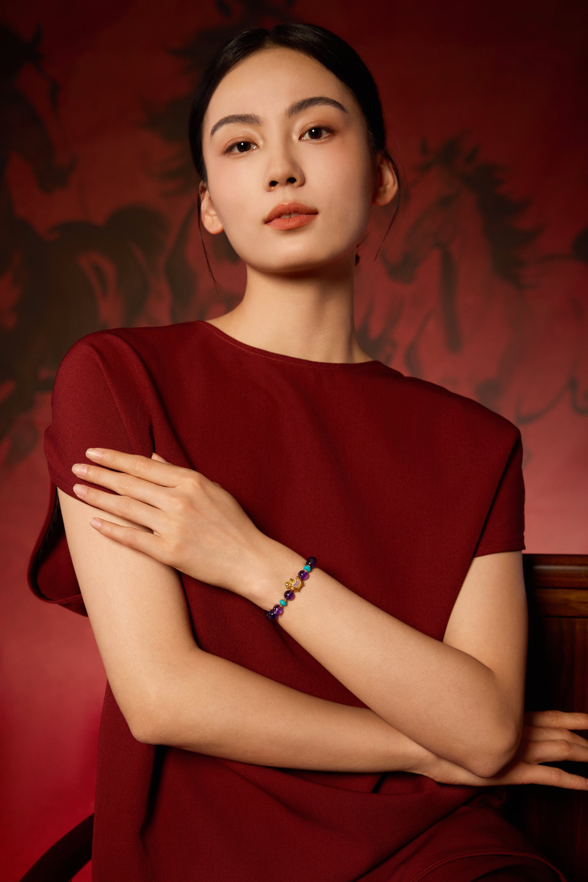 "Chinese Culture Collection - Dan Qing" 24K Gold Beaded Bracelet Amethyst 7.8-8.3mm Diamond 0.0024ct Turquoise 5.8-6.3*2.8-3.3mm Horse 0.9-1.5g J1937268