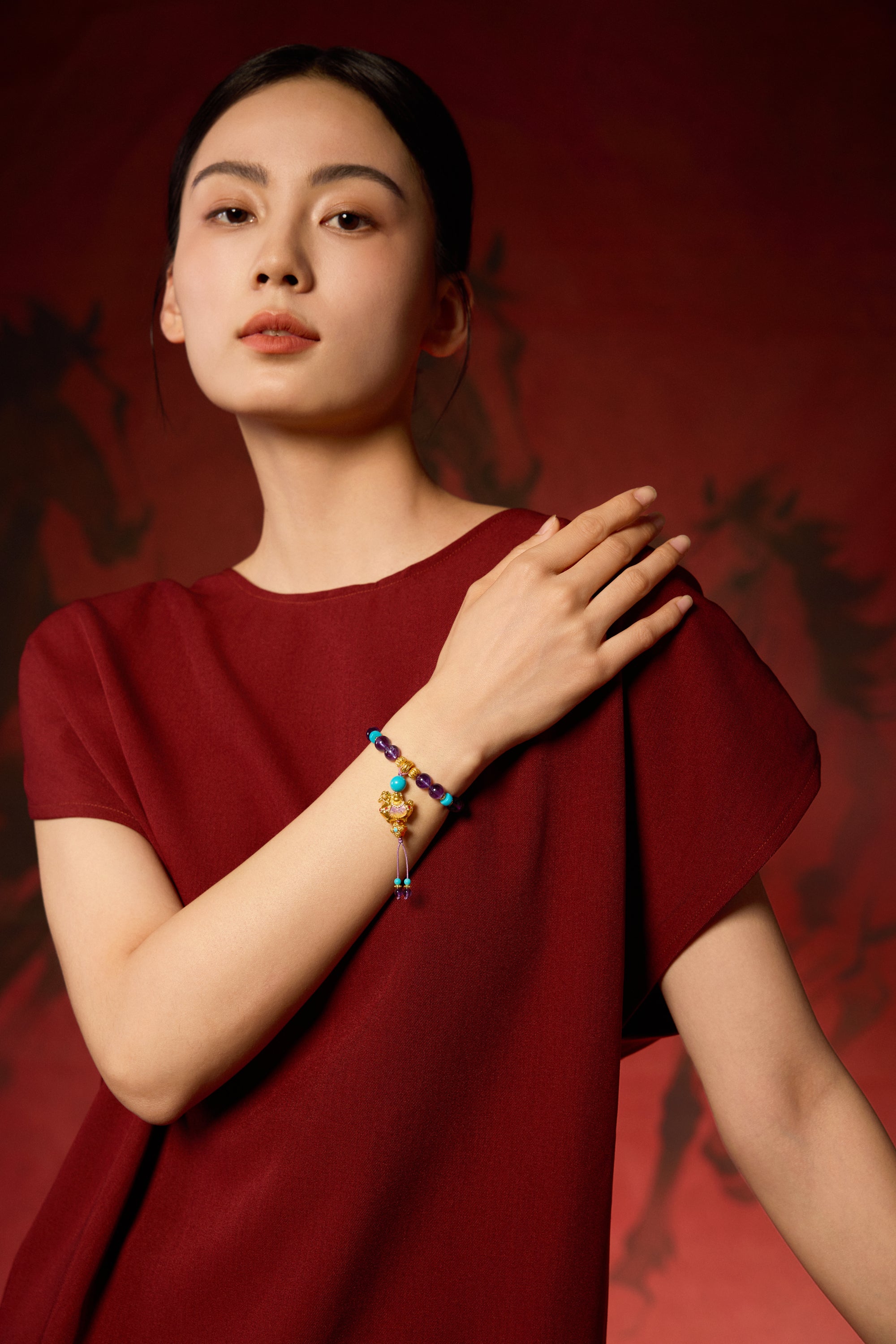 "Chinese Culture Collection - Dan Qing" 24K Gold Beaded Bracelet Braided Rope Amethyst 8-8.5mm Diamond 0.0031ct Amber 4-5mm Horse 5.4-6.8g J1937293