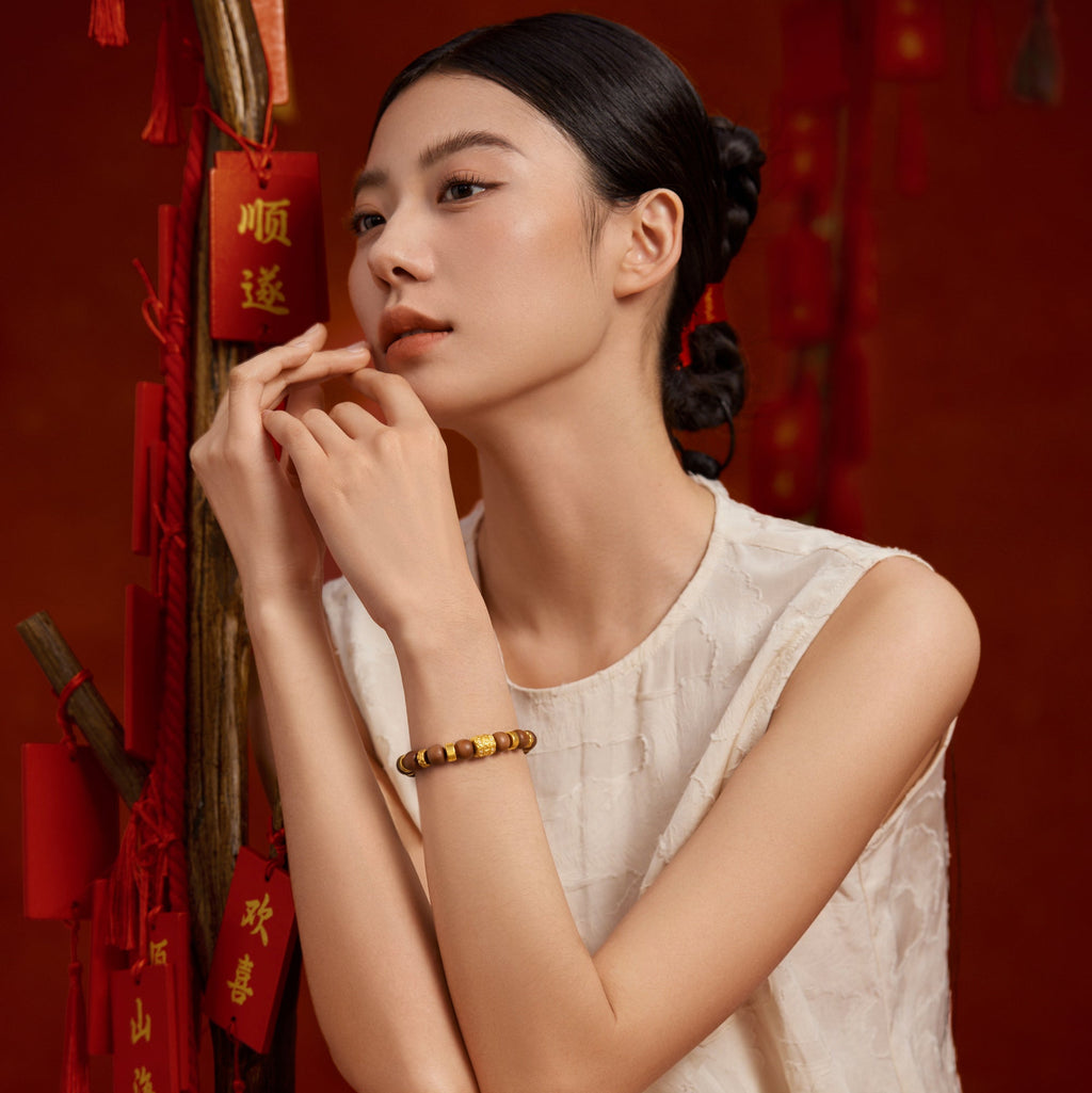 "Jiuhua Mountain" 24K Gold Sandalwood Beaded Bracelet Diamond Floral Charm W1935450