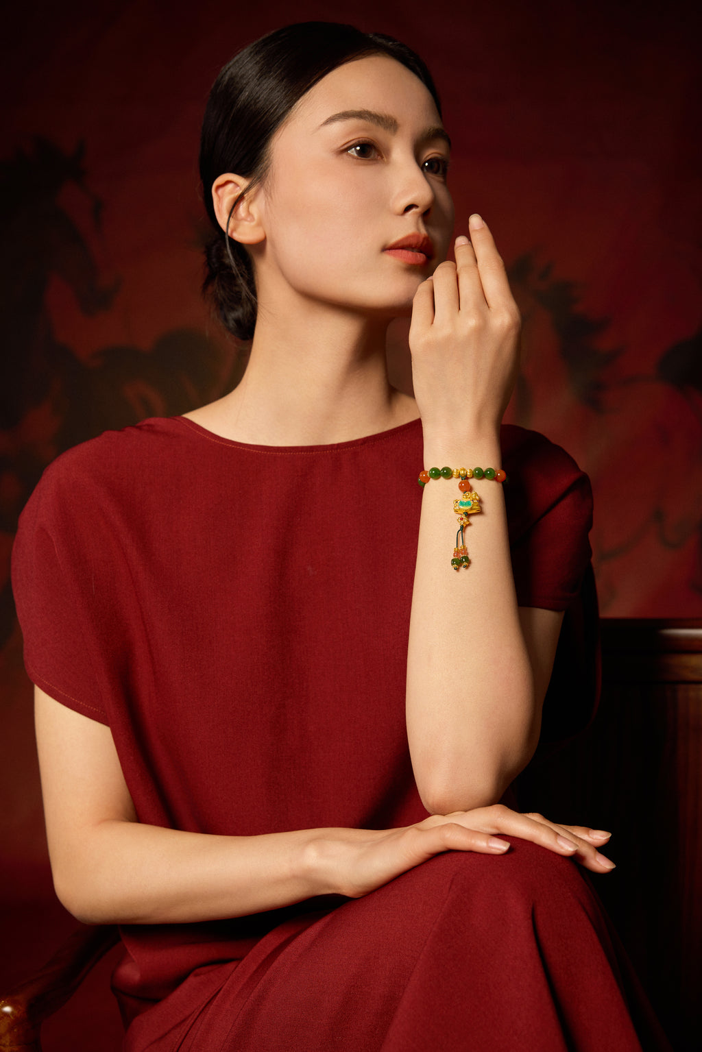 "Chinese Culture Collection - Dan Qing" 24K Gold Beaded Bracelet Braided Rope Hetian Jade 7.5-8mm Diamond 0.0032ct Agate 4-4.5mm Horse 5.5-7.2g Y1937292