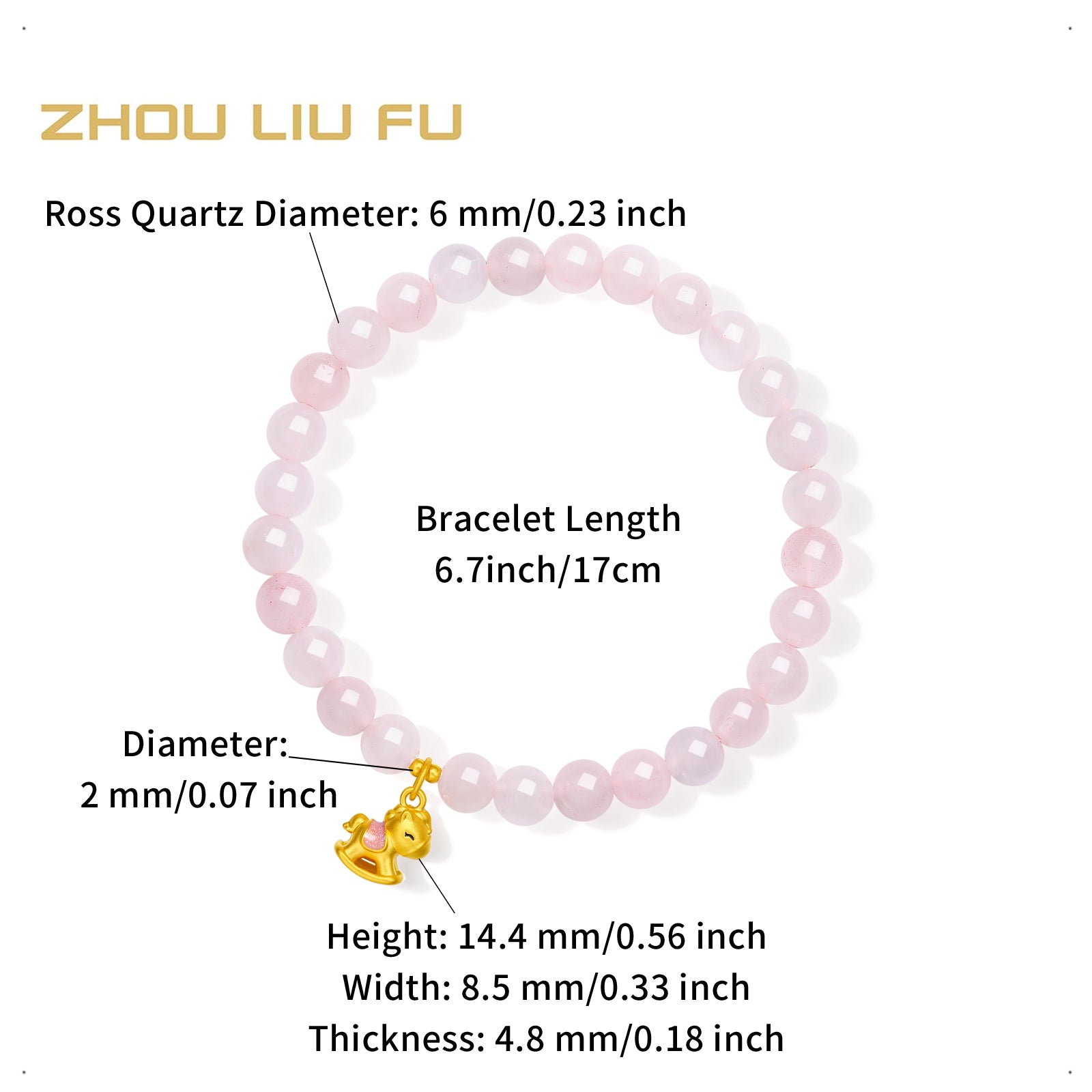 'Year of the Horse'  24K Gold Beaded Bracelet Rose Quartz Horse 0.5-0.8g 17cm A1915743
