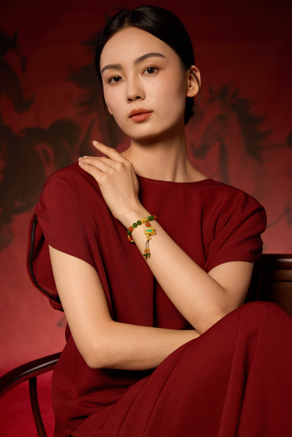 "Chinese Culture Collection - Dan Qing" 24K Gold Beaded Bracelet Braided Rope Hetian Jade 7.5-8mm Diamond 0.0032ct Agate 4-4.5mm Horse 5.5-7.2g Y1937292