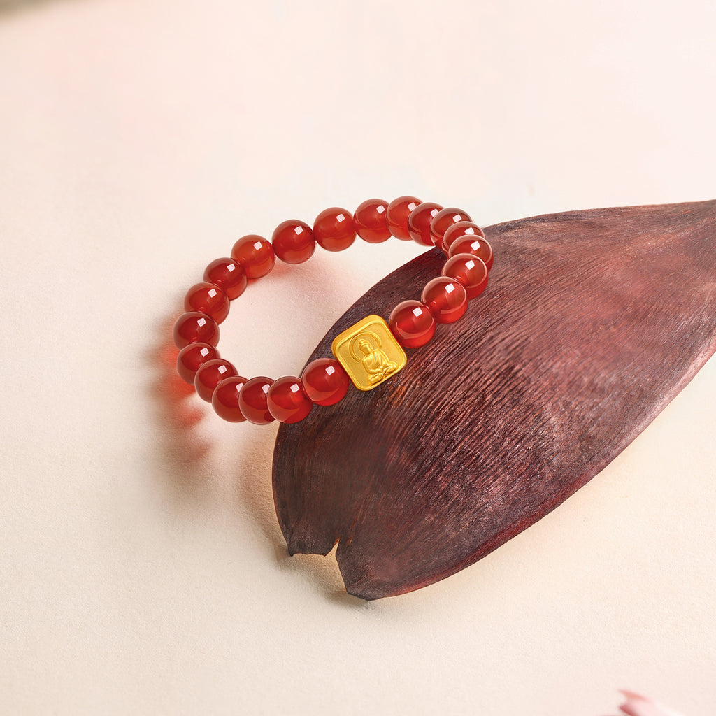 Jiuhua Mountain' 24K Gold Beaded Bracelet Agate Ksitigarbha Bodhisattva A1914667