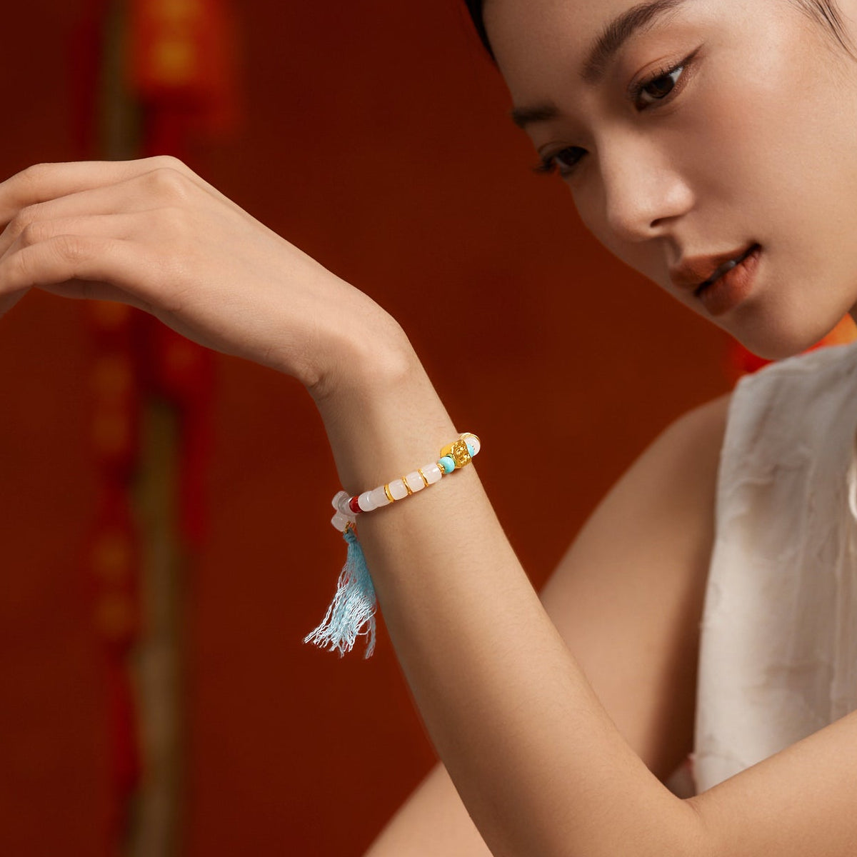 Jiuhua Mountain' 24K Gold Beaded Bracelet Heitian Jade Turquoise Agate Ksitigarbha's Implements Y1915278