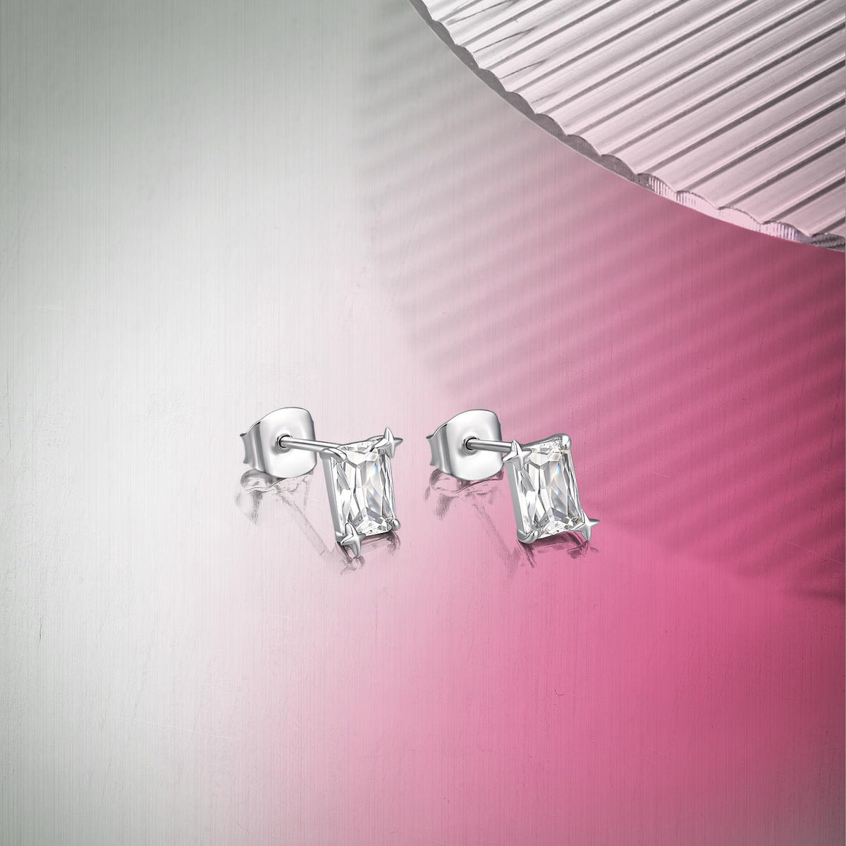 ZHOU LIU FU Rectangular Cut Cubic Zirconia Stud Earrings for Women 925 Sterling Silver 4 Prong Star Screw Back Minimalist Jewelry