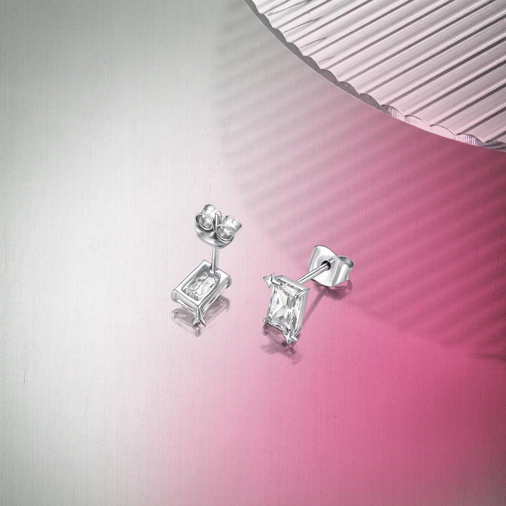 ZHOU LIU FU Rectangular Cut Cubic Zirconia Stud Earrings for Women 925 Sterling Silver 4 Prong Star Screw Back Minimalist Jewelry