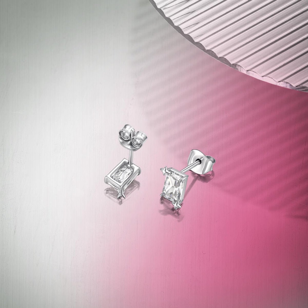 ZHOU LIU FU Rectangular Cut Cubic Zirconia Stud Earrings for Women 925 Sterling Silver 4 Prong Star Screw Back Minimalist Jewelry