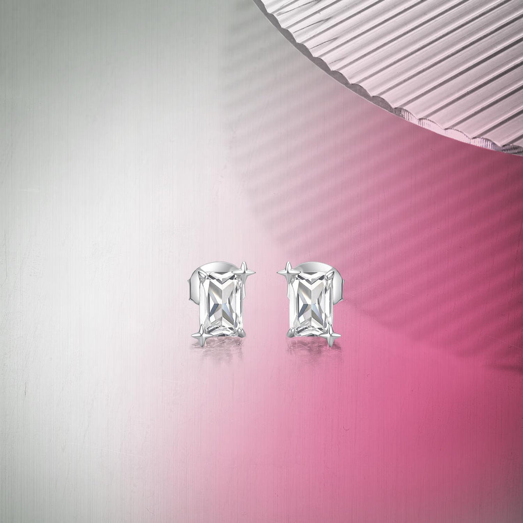 ZHOU LIU FU Rectangular Cut Cubic Zirconia Stud Earrings for Women 925 Sterling Silver 4 Prong Star Screw Back Minimalist Jewelry