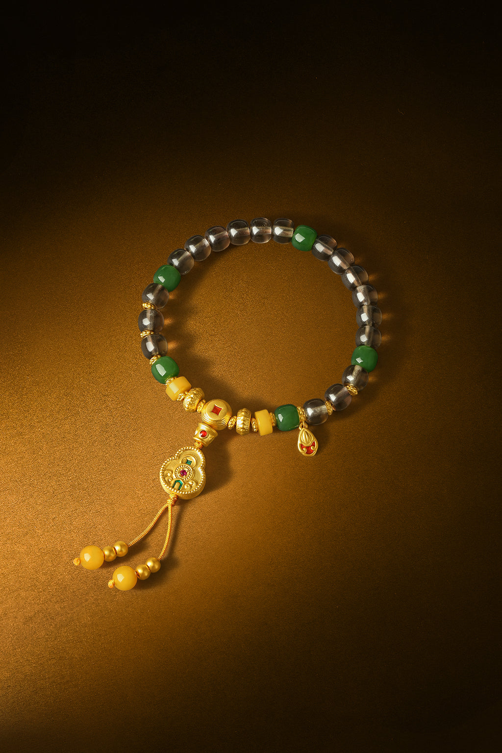 "Chinese Culture Collection - Dan Qing" 999 24K Gold Beaded Bracelet Crystal 7-7.5*6.1-6.6mm Ruby 0.013ct Hetian Jade 6.5-7.0*3.5-4mm Gourd 7.2-10.2g J1950065