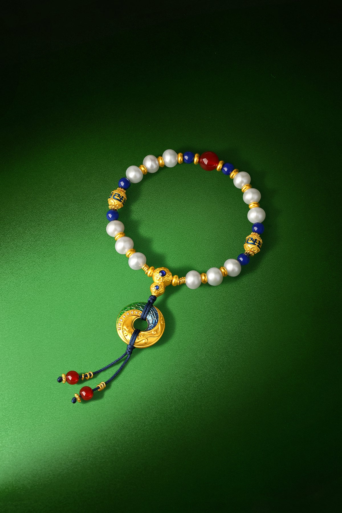 "Chinese Culture Collection - Dan Qing" 999 24K Gold Beaded Bracelet Freshwater Pearl 6-7mm Diamond 0.0015ct Lazurite 7.8-8.3mm Gourd 6.5-9.5g X1950044