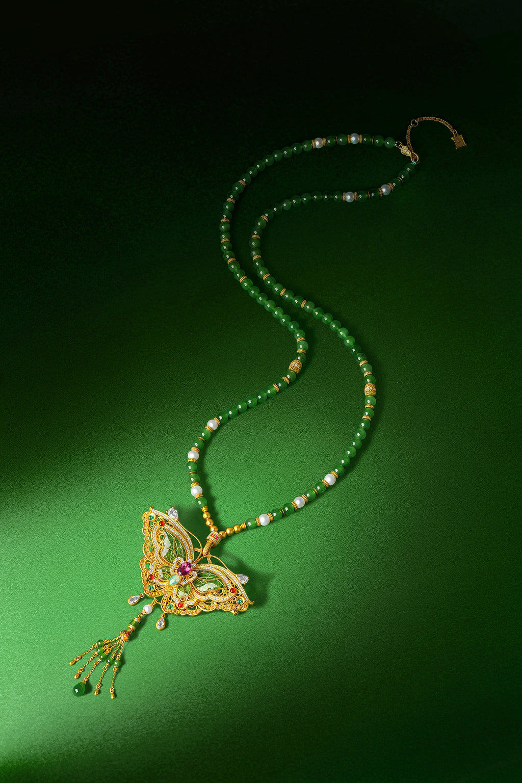 "Chinese Culture Collection - Dan Qing" 999 24K Gold Pendant Necklace String Bracelet Hetian Jade 3-7-7.5*4.5-5mm Diamond 0.0042ct Tourmaline 0.334-0.390ct Butterfly 50-56g Y0650040