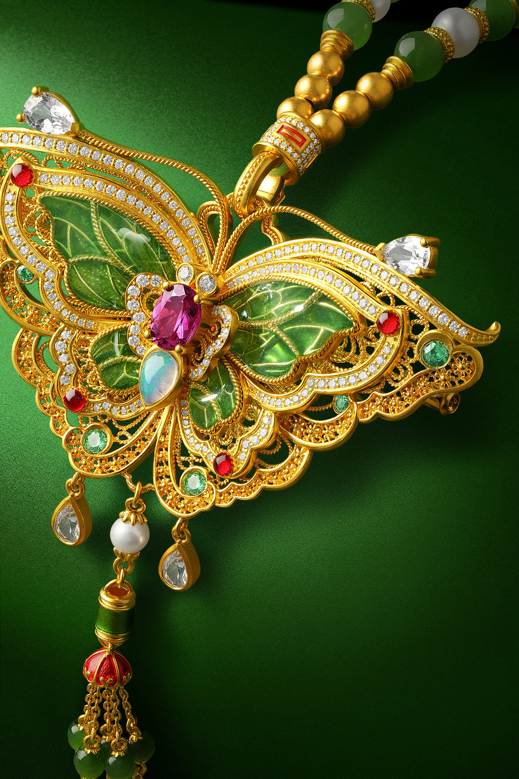 "Chinese Culture Collection - Dan Qing" 999 24K Gold Pendant Necklace String Bracelet Hetian Jade 3-7-7.5*4.5-5mm Diamond 0.0042ct Tourmaline 0.334-0.390ct Butterfly 50-56g Y0650040