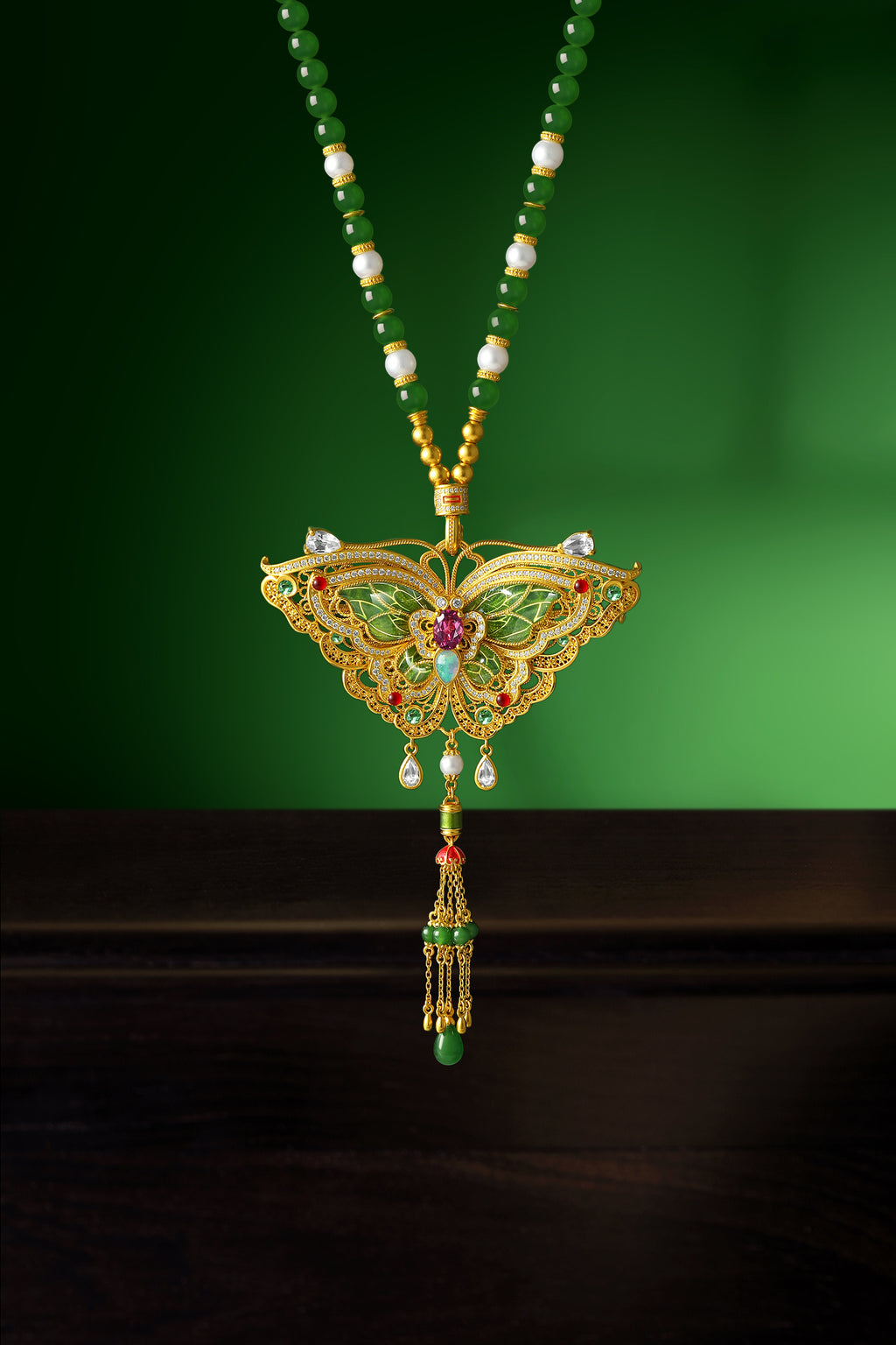 "Chinese Culture Collection - Dan Qing" 999 24K Gold Pendant Necklace String Bracelet Hetian Jade 3-7-7.5*4.5-5mm Diamond 0.0042ct Tourmaline 0.334-0.390ct Butterfly 50-56g Y0650040