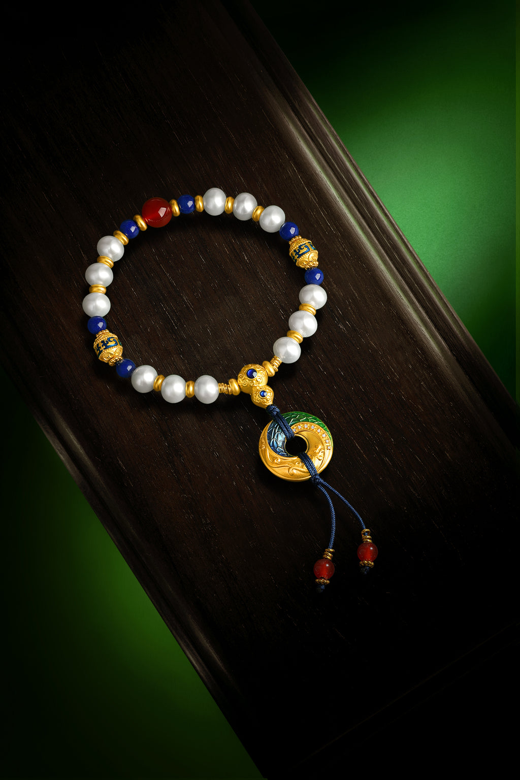 "Chinese Culture Collection - Dan Qing" 999 24K Gold Beaded Bracelet Freshwater Pearl 6-7mm Diamond 0.0015ct Lazurite 7.8-8.3mm Gourd 6.5-9.5g X1950044