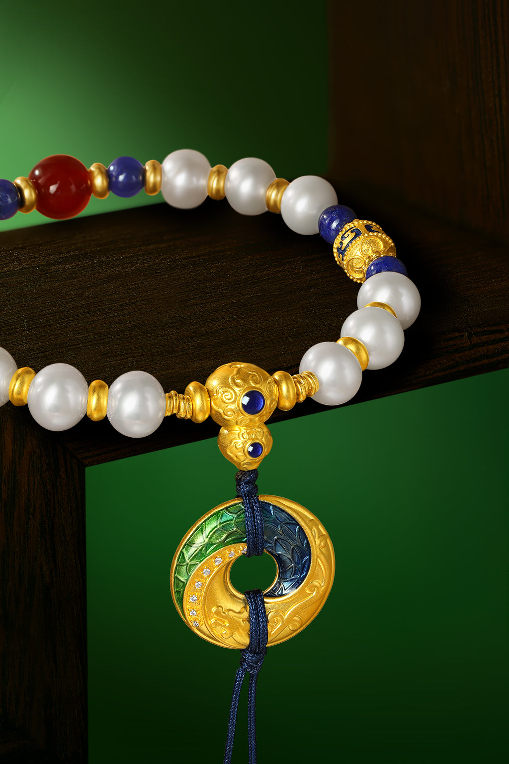 "Chinese Culture Collection - Dan Qing" 999 24K Gold Beaded Bracelet Freshwater Pearl 6-7mm Diamond 0.0015ct Lazurite 7.8-8.3mm Gourd 6.5-9.5g X1950044