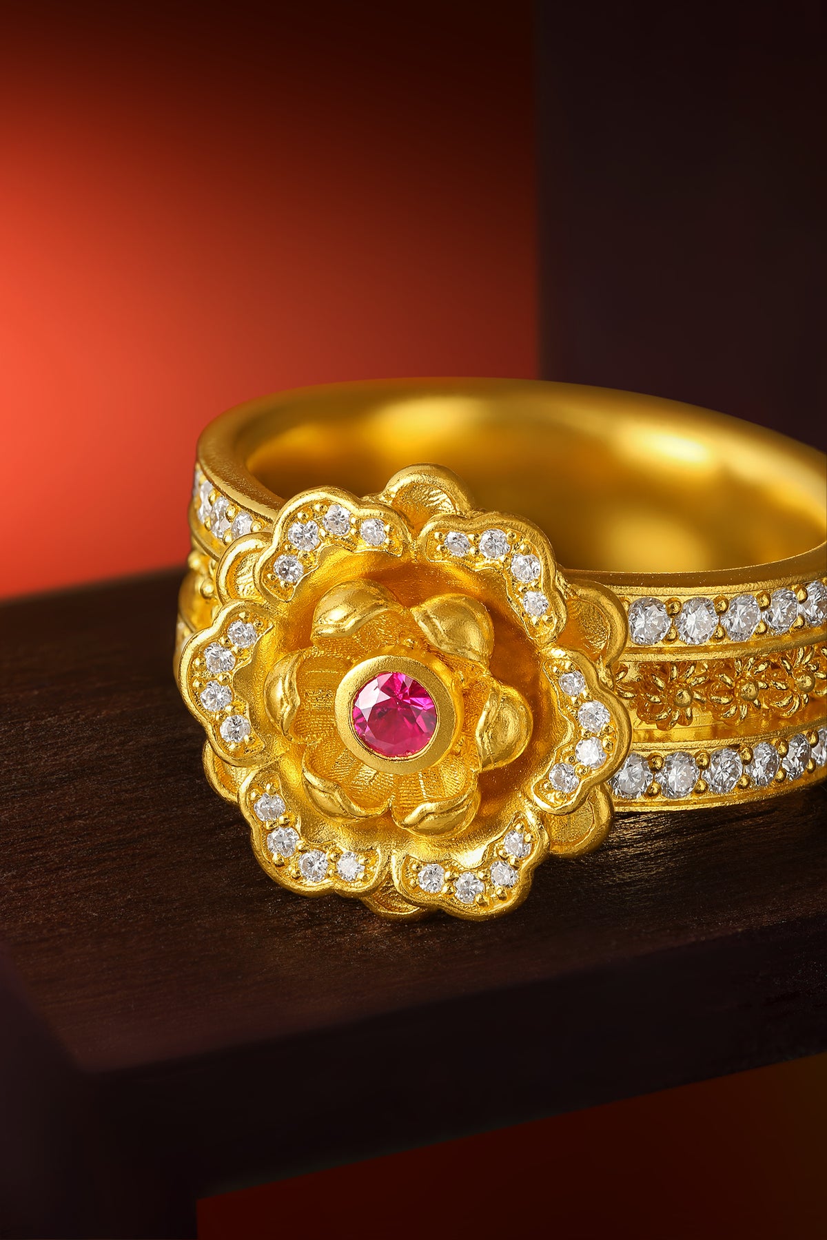 "Chinese Culture Collection - Dan Qing" 999 24K Gold Ring Diamond 0.0083ct Ruby 0.066ct 0 Floral 11.5-14.5g W0150055