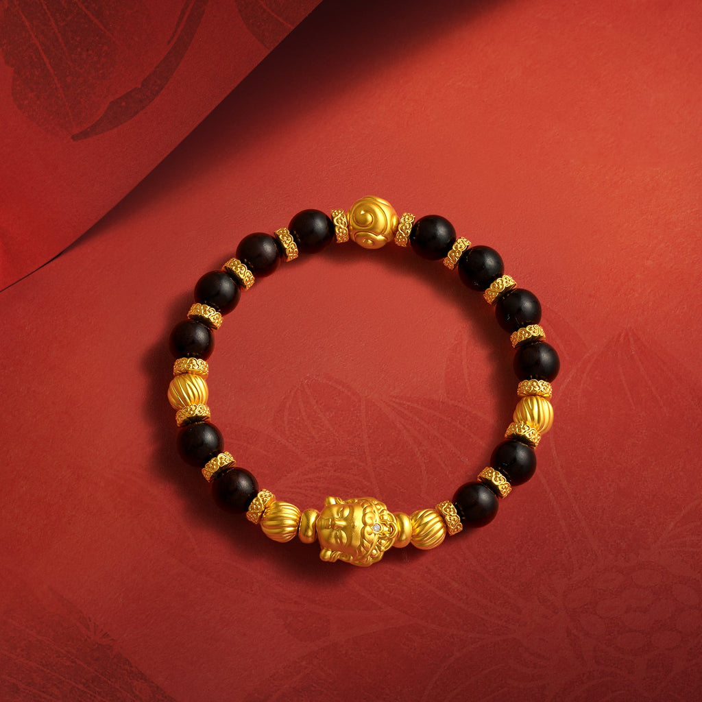 "Jiuhua Mountain" 24K Gold Small Leaf Red Sandalwood Beaded Bracelet Diamond Buddha Charm W1929456