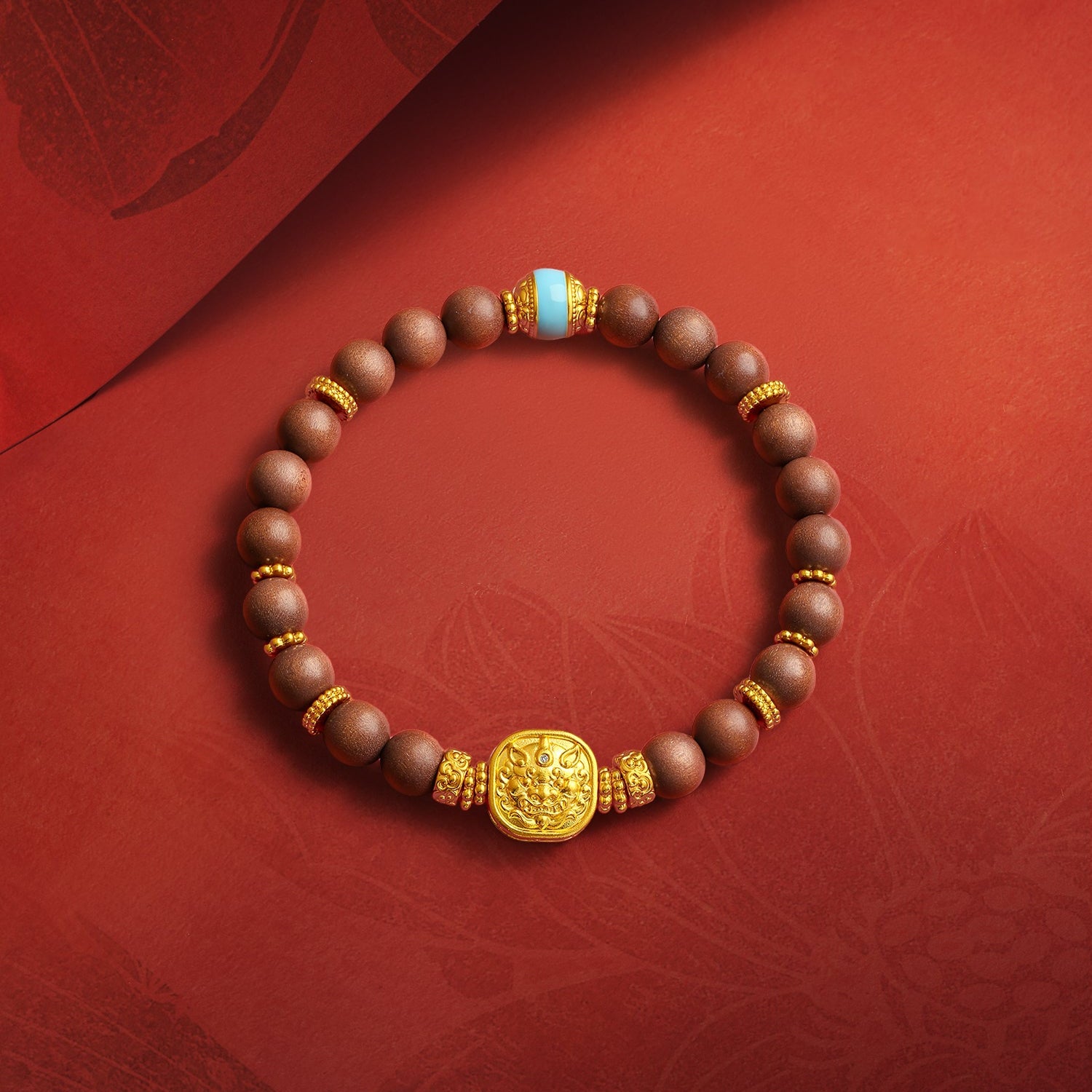 "Jiuhua Mountain" 24K Gold Sandalwood Beaded Bracelet Diamond Enamel Square Charm W1936217