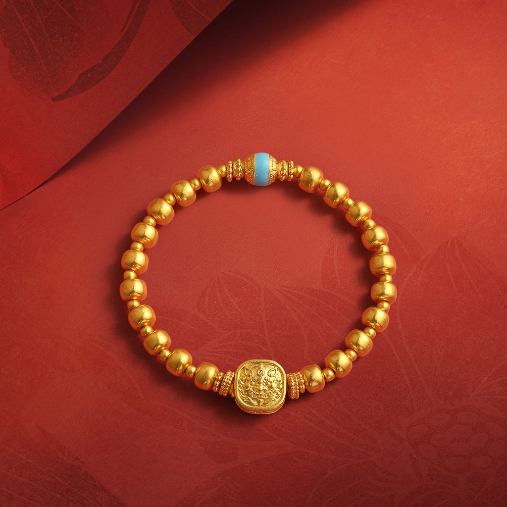"Jiuhua Mountain" 24K Gold Beaded Bracelet Diamond Enamel Square Charm W1945663