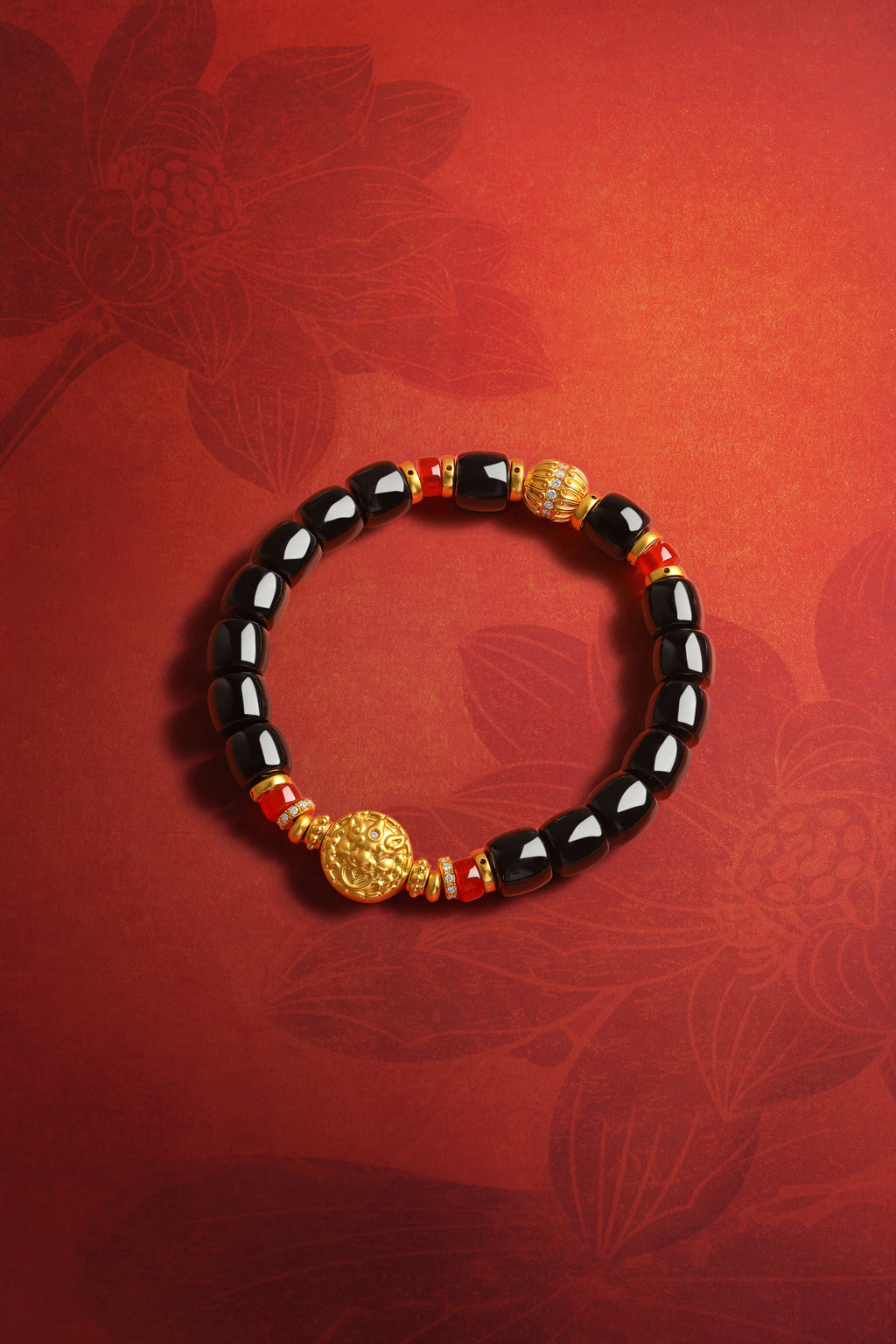 "Jiuhua Mountain" 24K Gold Beaded Bracelet Black Agate Buddha Sculpture 8.59-7.58mm 18cm J1936516