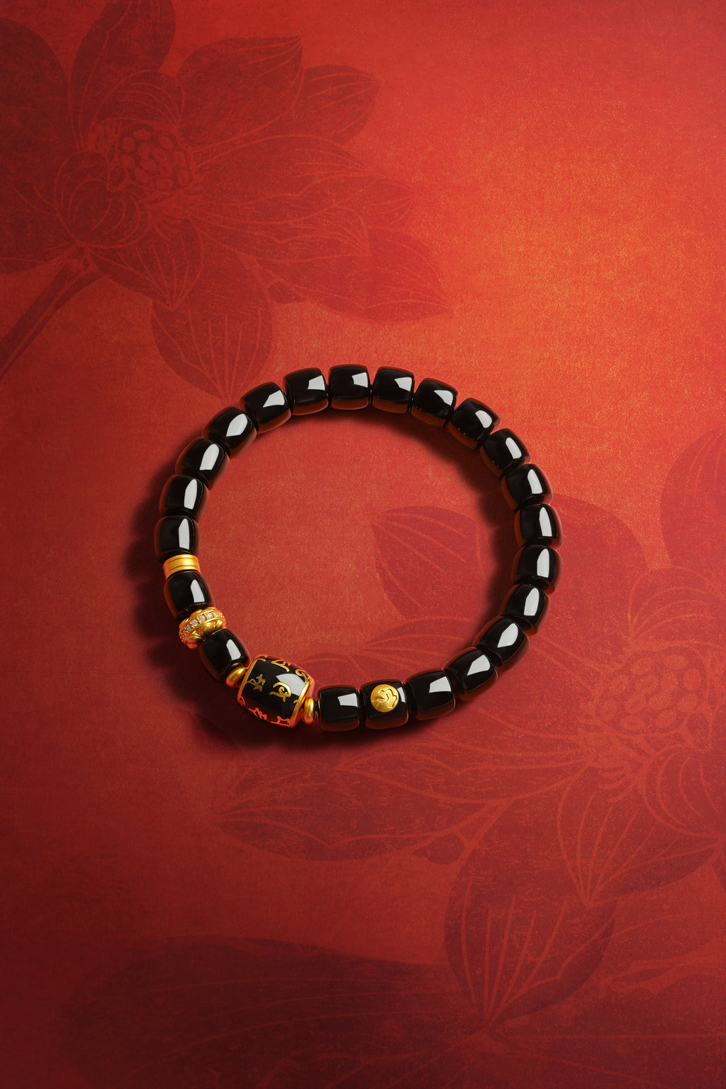 "Jiuhua Mountain" 24K Gold Beaded Bracelet Black Agate Engraved Barrel 8.5*7.5mm 18cm J1939467