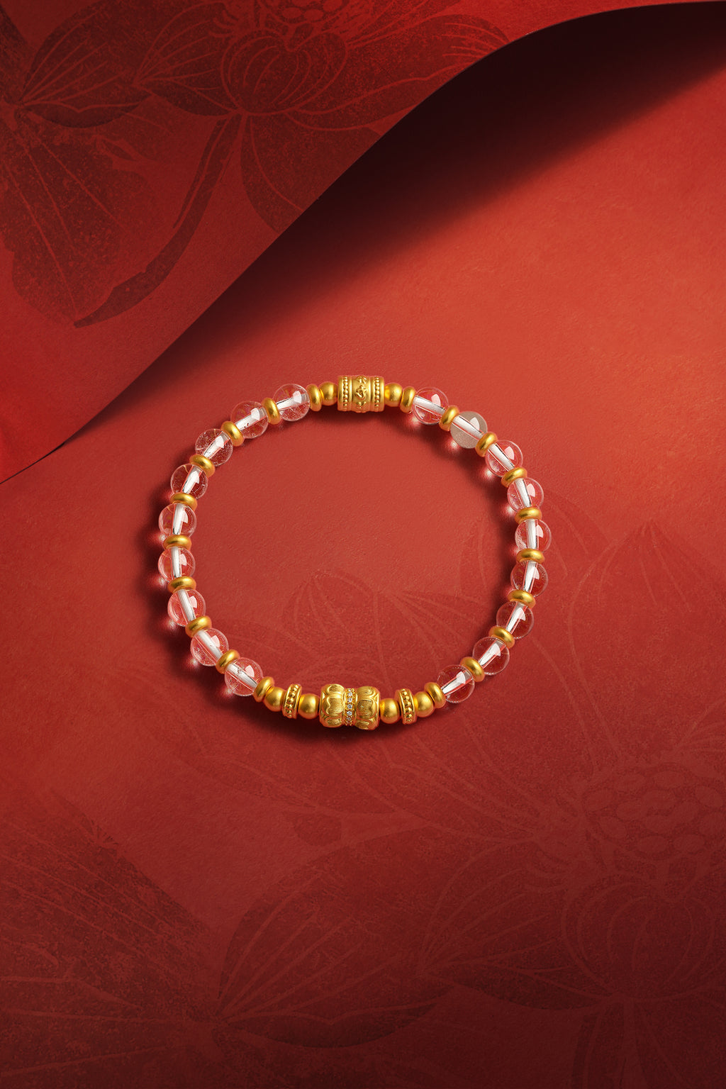 "Jiuhua Mountain" 24K Gold Crystal Beaded Bracelet Engraved Character 6-6.5mm 18cm J1935922