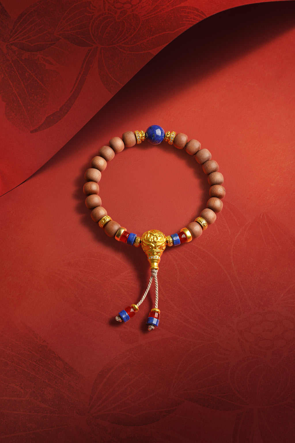 "Jiuhua Mountain" 24K Gold String Bracelet Wood Lapis Lazuli Buddha Tassel 10-10.5mm 18cm A1935608